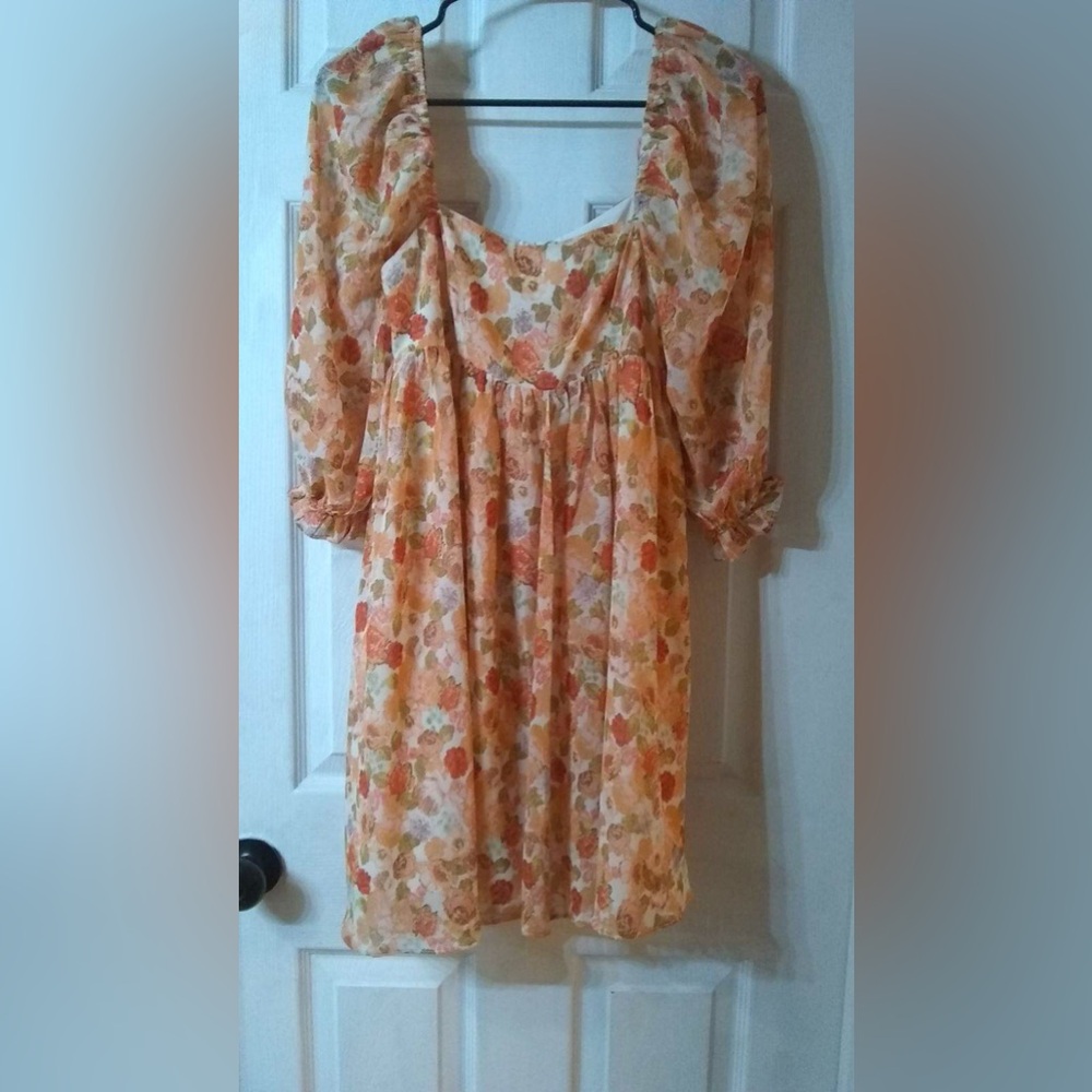 Storia Orange Floral Square Neck Balloon Sleeve Lined Babydoll Mini Dress, XS